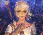  cirilla_fiona_elen_riannon close cropped gloves green_eyes nababa necklace realistic short_hair sword tears the_witcher weapon white_hair 