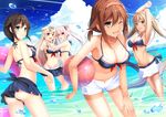  ass benitsuki_tsubasa bikini breasts cleavage group harusame_(kancolle) headband kantai_collection long_hair murasame_(kancolle) navel shigure_(kancolle) shiratsuyu_(kancolle) short_hair shorts swim_ring swimsuit tan_lines water wet wink yuudachi_(kancolle) 