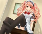  apron bow close headband kurisu-kun maid original panties pink_hair red_eyes thighhighs twintails underwear upskirt 