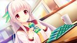  chiri_(atlanta) chuablesoft drink food game_cg headband himekami_ayame long_hair red_eyes seifuku watashi_ga_suki_nara_&quot;suki&quot;_tte_itte! white_hair 