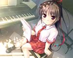  august bekkankou brown_eyes brown_hair cropped daitoshokan_no_hitsujikai instrument music paper piano ponytail sakuraba_tamamo seifuku skirt socks tie 