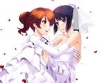  2girls blue_hair blush brown_eyes dress elbow_gloves flowers headdress hibike!_euphonium kousaka_reina mizuki_ame necklace orange_hair oumae_kumiko petals ponytail purple_eyes rose short_hair shoujo_ai suit tiara wedding wedding_attire white 