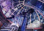  blue_eyes blush brown_hair highres looking_away looking_up night observatory observatory_dome original remosse512 short_hair sitting solo star_(sky) stargazing stepladder telescope 