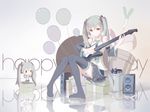  aqua_hair chibi guitar hatsune_miku headphones instrument long_hair red_flowers tattoo thighhighs twintails vocaloid 