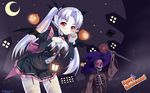  blush breasts cleavage halloween hat long_hair natsumiya_yuzu pointed_ears red_eyes signed staff stockings tagme thighhighs twintails white_hair wings witch_hat 