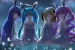  animal_ears bunny_ears bunnygirl cropped dress grass group kuroi_asahi long_hair night original stars summer_dress 