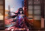  black_hair building cherry_blossoms katana long_hair mechagirl mikazuki_industry original petals red_eyes sword weapon 