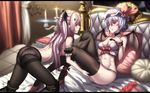  2girls bed blue_hair braids breasts choker cleavage crossover flowers hat hk_(zxd0554) krul_tepes long_hair owari_no_seraph panties pantyhose pink_hair red_eyes remilia_scarlet rose see_through short_hair thighhighs topless touhou underwear vampire wings wristwear yuri 