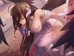  albedo breasts brown_eyes brown_hair cleavage cropped elbow_gloves feathers horns johnson_zhuang long_hair no_bra overlord 