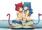  2girls animal_ears barefoot bikini blue_hair blush bow bubbles catgirl green_eyes kanzaki_hiro long_hair navel original red_eyes red_hair ribbons scan short_hair swimsuit tail topless underwater water wet yuri 