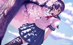  black_hair cherry_blossoms clouds lnan0 red_eyes seifuku signed sky thighhighs tree yandere-chan yandere_simulator 