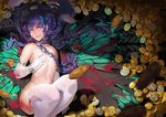  blood blue_hair chain elbow_gloves fang karasu-san_(syh3iua83) long_hair navel nude original red_eyes thighhighs vampire wings 