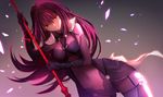 armor bodysuit fate/grand_order fate/stay_night hei_tong_shi lancer_(fate/grand_order) long_hair purple_hair red_eyes skintight spear weapon 