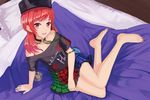  barefoot bed chain collar hat hecatia_lapislazuli muireko orange_hair pink_eyes skirt touhou 