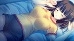  bed breasts brown_hair erohon_wo_sutete_kara_ani_no_yousu_ga_okashii game_cg shiwasu_horio shorts sleeping yukawa_momoka 