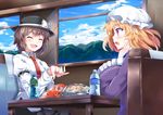  2girls drink e.o. food hat jpeg_artifacts maribel_han scenic shirt tie touhou train usami_renko 