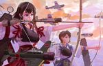  aircraft akagi_(kancolle) bow_(weapon) brown_eyes clouds doyora japanese_clothes kaga_(kancolle) kantai_collection long_hair short_hair weapon 