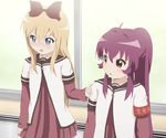  2girls blonde_hair blue_eyes blush cropped long_hair novcel ponytail purple_eyes purple_hair seifuku sugiura_ayano toshinou_kyouko yuru_yuri 