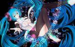  absurdly_long_hair bakanoe barefoot black_legwear blue_hair breasts cleavage green_eyes hair_ornament hatsune_miku hatsune_miku_(append) highres leotard long_hair medium_breasts necktie outstretched_arm sleeveless solo twintails very_long_hair vocaloid vocaloid_append white_leotard white_neckwear 