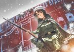  aoki_(miharuu) black_eyes brown_hair cape gun hat military original short_hair snow uniform weapon winter 