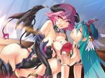  2girls ban breasts cleavage demon erect_nipples green_hair horns original pink_hair pulp_hypnotism tail wings 