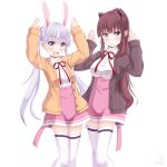  :d absurdres alternate_costume animal_ears anna_miller arms_up bangs blush breasts brown_cardigan bunny_ears bunny_pose cardigan cat_ears commentary_request contrapposto cowboy_shot highres large_breasts lavender_eyes light_blue_hair long_hair long_sleeves looking_at_viewer multiple_girls neck_ribbon new_game! open_cardigan open_clothes open_mouth orange_cardigan pink_skirt red_neckwear ribbon sainohikari shirt short_hair skirt small_breasts smile suzukaze_aoba takimoto_hifumi thighhighs two_side_up uniform very_long_hair waitress white_legwear white_shirt zettai_ryouiki 