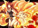  ahri_(league_of_legends) animal animal_ears bell braids breasts cleavage collar crossover fire fox foxgirl kneehighs league_of_legends long_hair multiple_tails ninetales pokemon red_hair signed tail urusai-baka yellow_eyes 