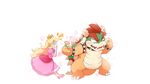  blonde_hair blue_eyes blush bowser choker crown dress elbow_gloves fang horns male petals princess_peach red_hair super_mario tail ukan_muri white 