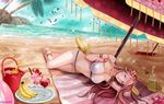  animal_ears barefoot beach bikini closers drink flowers foxgirl fruit ice_cream levia long_hair pink_hair purple_eyes swimsuit tagme_(artist) tail 