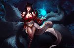  ahri_(league_of_legends) animal_ears arcan-anzas black_hair breasts cleavage foxgirl kneehighs league_of_legends magic multiple_tails no_bra signed tail 