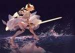  armor asukaziye blonde_hair dress fate/stay_night fate/unlimited_codes ribbons saber_lily sword thighhighs water weapon 