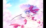  blue_hair cherry_blossoms hat motomiya_mitsuki petals red_eyes remilia_scarlet short_hair touhou umbrella vampire wings 