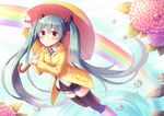  amane_kurumi blush boots flowers hatsune_miku leaves rainbow skirt thighhighs twintails umbrella vocaloid water zettai_ryouiki 