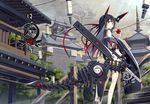  apple black_hair food fruit gray_hair kneehighs long_hair mechagirl original poco red_eyes sword weapon 