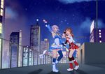  2girls aqua_eyes boots braids brown_hair city dongqing_zaozigao kneehighs long_hair luo_tianyi night orange_eyes purple_hair skirt stars thighhighs tian_dian vocaloid vocaloid_china yuezheng_ling 