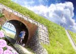  beach bicycle black_hair blush brown_hair clouds flowers grass male necklace original scenic short_hair skirt stairs taka_(tsmix) water 