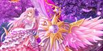  dress elbow_gloves fantasy_frontier feathers lolita_fashion long_hair necklace pink_eyes tagme tree villyane white_hair 