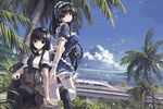  2girls animal anthropomorphism bird black_hair clouds headband long_hair maid nodata pantyhose scenic seifuku shirt skirt thighhighs tie train tree water wristwear zettai_ryouiki 