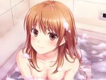  bath bathtub blush breasts brown_eyes brown_hair bubbles cleavage close cropped n.g. nude original 