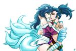  ahri_(league_of_legends) animal_ears black_hair breasts cleavage foxgirl green_eyes league_of_legends male multiple_tails ponytail sieyarelow tail wristwear yasuo 