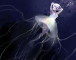  anthropomorphism aqua_eyes barefoot bubbles dark dress namu original see_through short_hair underwater water white_hair 
