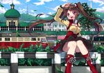  anthropomorphism boots breasts brown_hair building jpeg_artifacts leaves long_hair north_abyssor original red_eyes scenic train tree twintails 