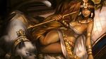  animal breasts cat cleavage collar dark_skin green_eyes headdress iorlvm league_of_legends nidalee spear weapon wristwear 