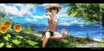  black_hair clouds flowers food grass hat leaves original samidare_(okayou) scenic short_hair shorts sky sunflower tree water watermark 