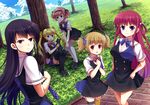  animal black_hair blonde_hair blue_eyes brown_hair cat grass grisaia_no_kajitsu group headband irisu_makina jpeg_artifacts komine_sachi long_hair matsushima_michiru orange_hair park pink_hair purple_eyes red_eyes sakaki_yumiko scenic seifuku short_hair suou_amane thighhighs tree twintails villyane 