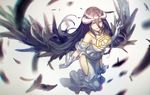  albedo black_hair breasts cleavage dress feathers gloves horns long_hair overlord wings yellow_eyes zhouran 