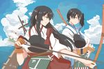  2girls akagi_(kancolle) bow_(weapon) clouds ghost_(ghost528) japanese_clothes kaga_(kancolle) kantai_collection long_hair ponytail weapon 
