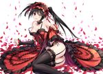  ass bicolored_eyes black_hair breasts cleavage collar date_a_live dress garter_belt headdress panties petals ribbons silence skirt skirt_lift stockings thighhighs tokisaki_kurumi twintails underwear white 