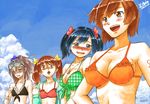  arimura_yuu bikini blue_eyes blue_hair blush breasts brown_eyes brown_hair cleavage clouds goggles gray_hair group hiryuu_(kancolle) kantai_collection ryuujou_(kancolle) short_hair signed sky souryuu_(kancolle) swimsuit twintails wristwear zuihou_(kancolle) 