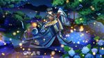  black_hair blue_eyes building crystal_dew_world fan japanese_clothes kirino_kasumu long_hair night suishou_shizuku watermark yukata 